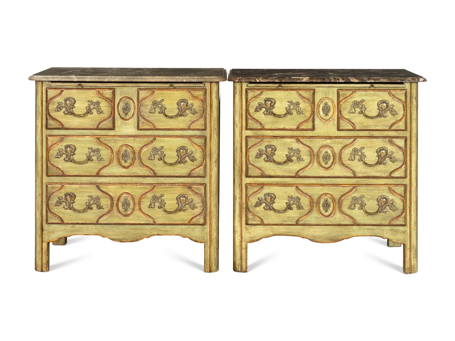A Pair of Régence Style Painted and Parcel Gilt Marble-Top Bedside Chests