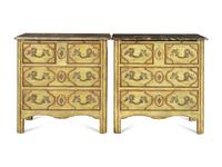A Pair of Régence Style Painted and Parcel Gilt Marble-Top Bedside Chests