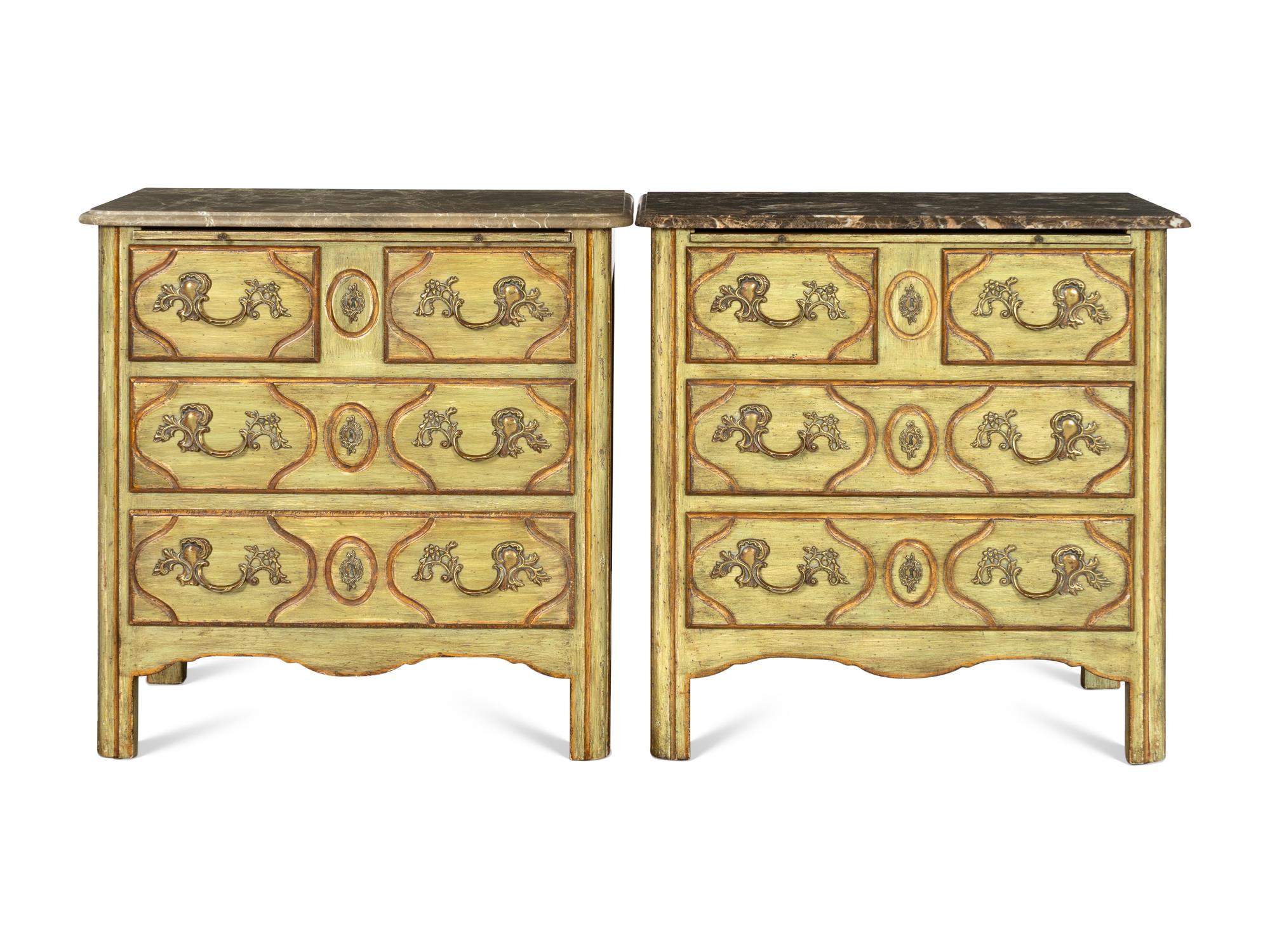 A Pair of Régence Style Painted and Parcel Gilt Marble-Top Bedside Chests