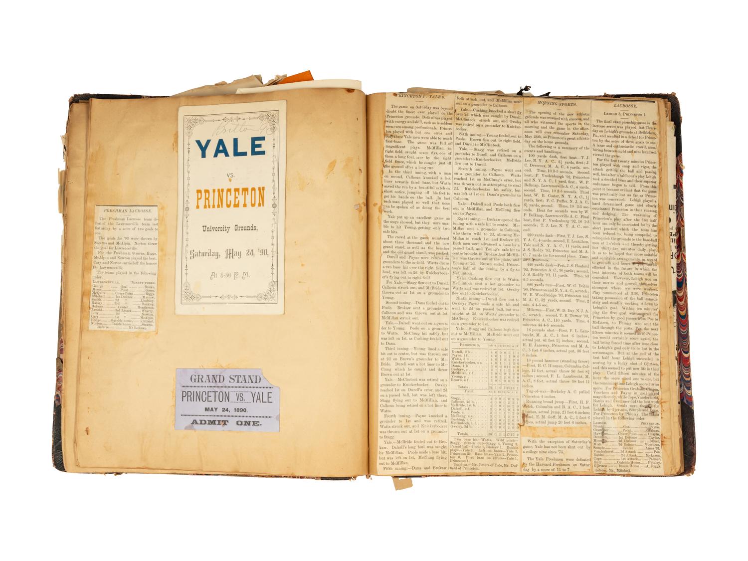 A Historical Princeton Scrapbook Featuring Princeton vs. Yale Nov. 28 Championship Game Football Ticket at Berkely Oval, ca. 1889-90