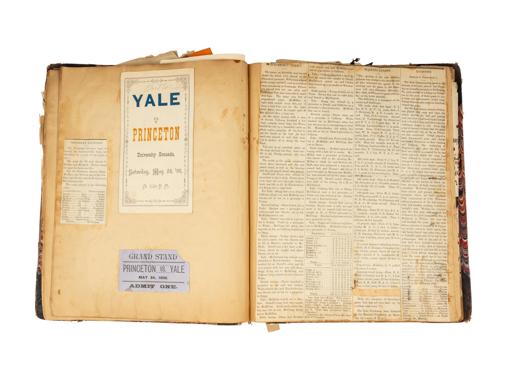 A Historical Princeton Scrapbook Featuring Princeton vs. Yale Nov. 28 Championship Game Football Ticket at Berkely Oval, ca. 1889-90