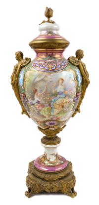 A Sevres Gilt Bronze Mounted Porcelain Urn Height 31 1/2 inches.