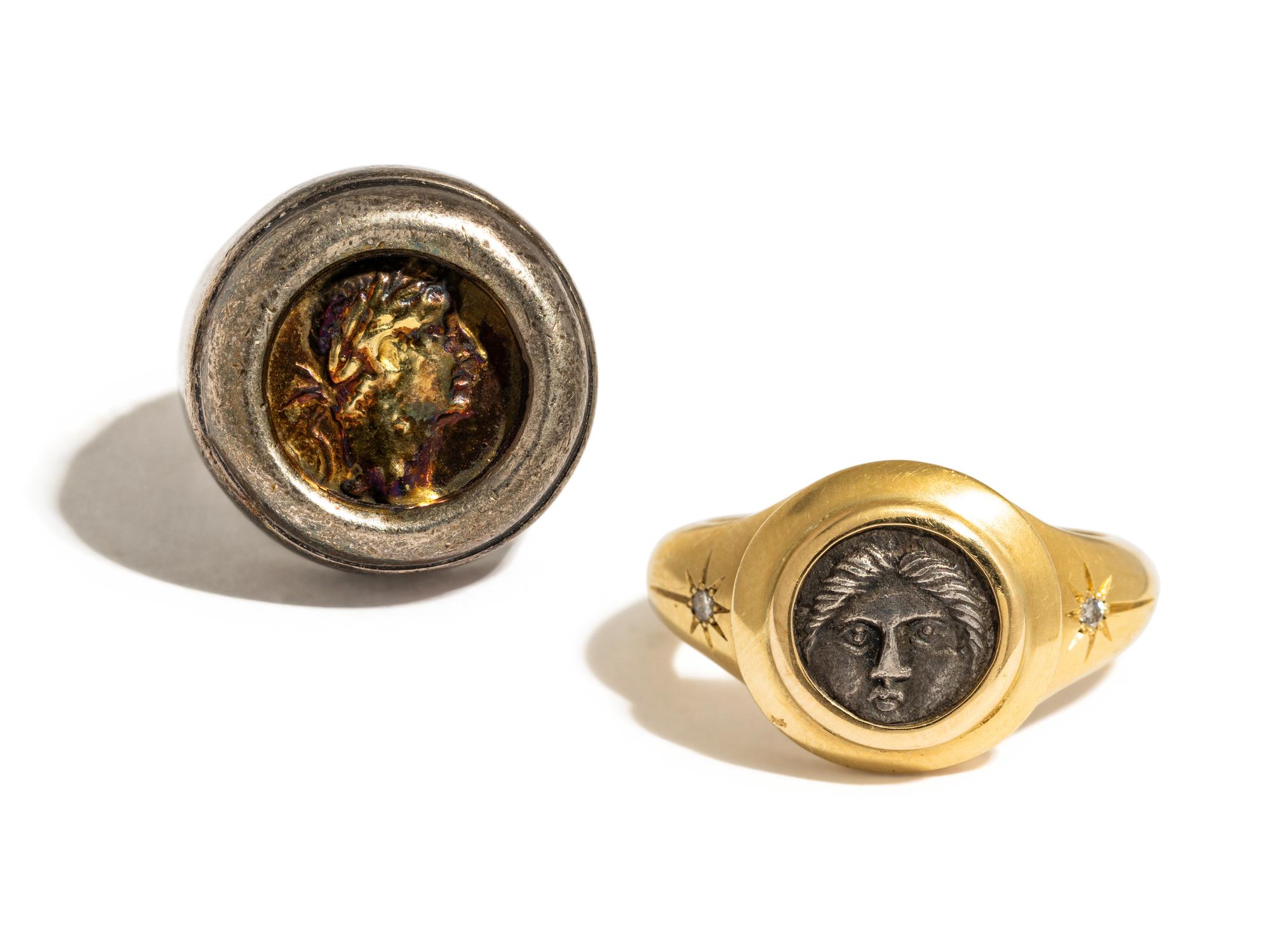 Two Greek Silver Coins — Set in silver and gold rings
