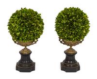 A Pair of Gilt Metal Urns with Faux Topiaries