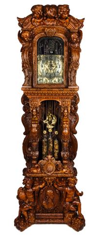 A Monumental English Carved Oak Tall Case Clock, LAST QUARTER 19TH CENTURY, Height 130 1/2 x width 48 x depth 33 inches. — LAST QUARTER 19TH CENTURY,