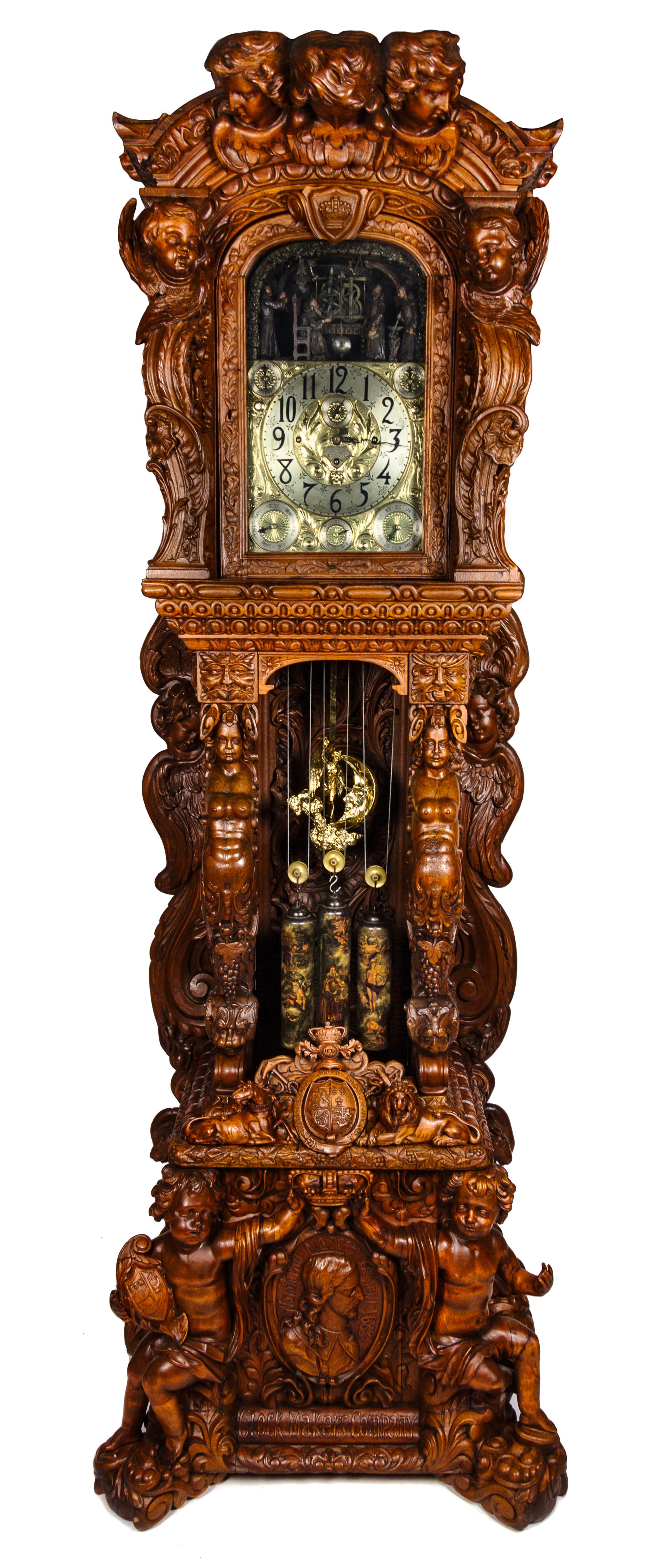 A Monumental English Carved Oak Tall Case Clock, LAST QUARTER 19TH CENTURY, Height 130 1/2 x width 48 x depth 33 inches. — LAST QUARTER 19TH CENTURY,