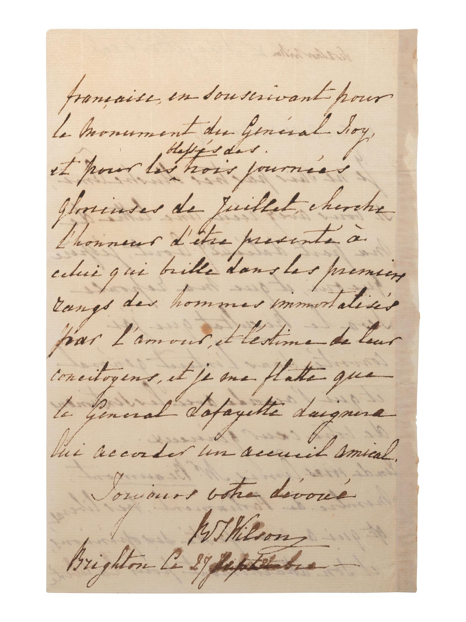 WILSON, Robert (1777-1849). Autograph letter signed ("RT Wilson") with identification possibly in Marquis de Lafayette's hand. "Brighton Co.," 27 September.
