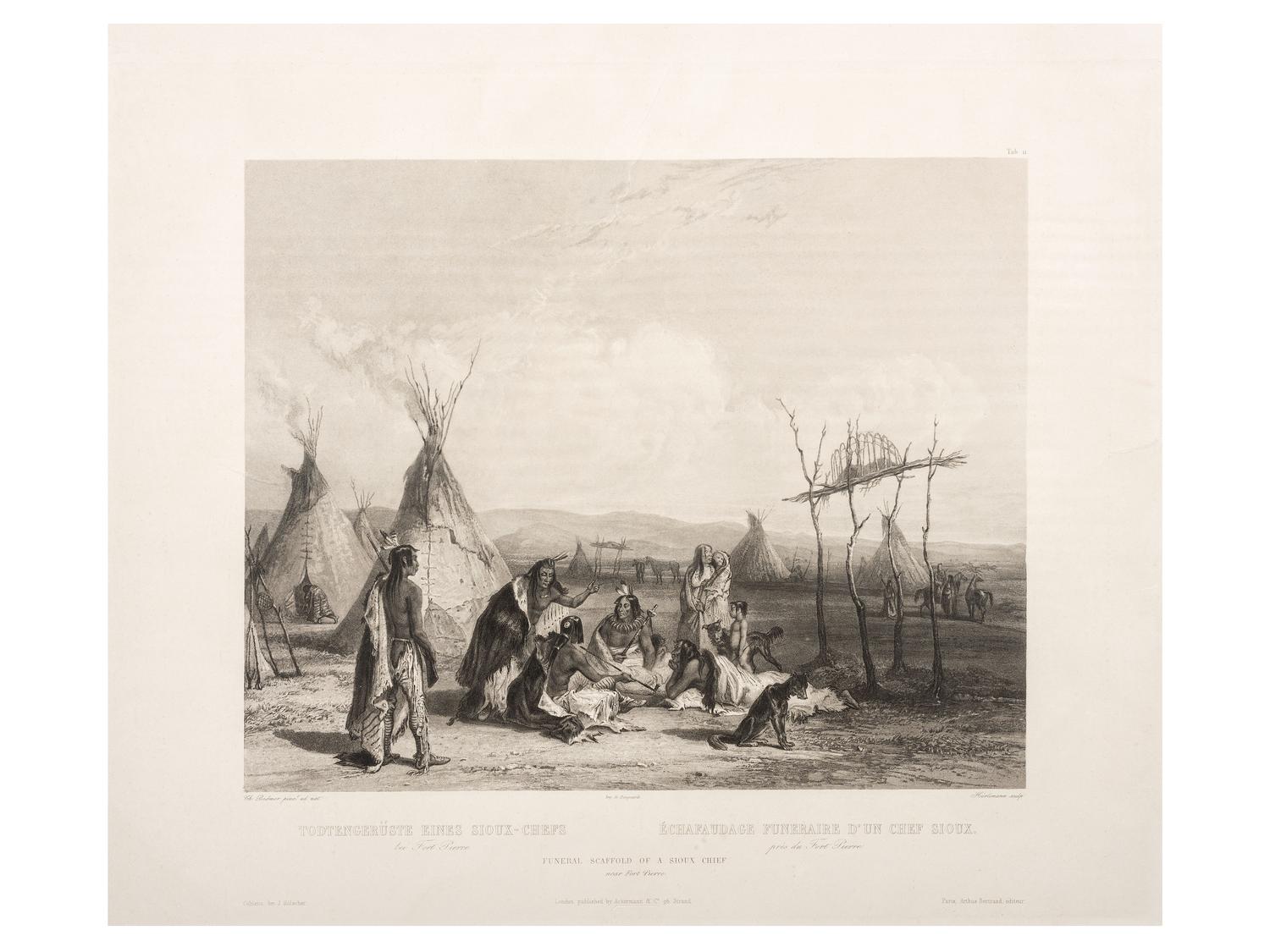 [NATIVE AMERICANS]. BODMER, Karl (1809-1893). ACKERMAN & Co., publisher. Funeral Scaffold of a Sioux Chief near Fort Pierre.