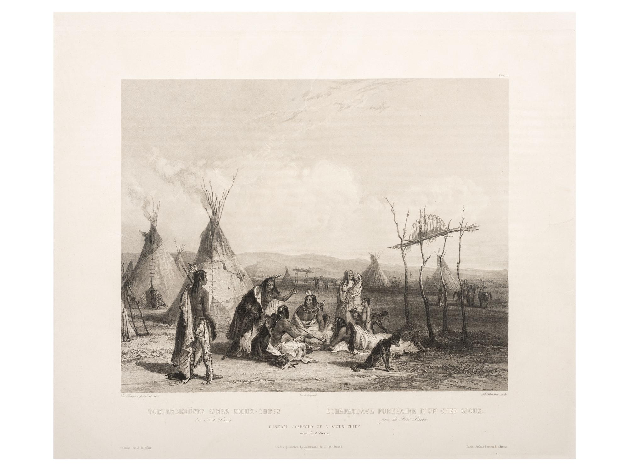 [NATIVE AMERICANS]. BODMER, Karl (1809-1893). ACKERMAN & Co., publisher. Funeral Scaffold of a Sioux Chief near Fort Pierre.