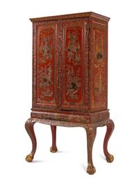 A Large Gilt Decorated Red Lacquered Cabinet on Stand