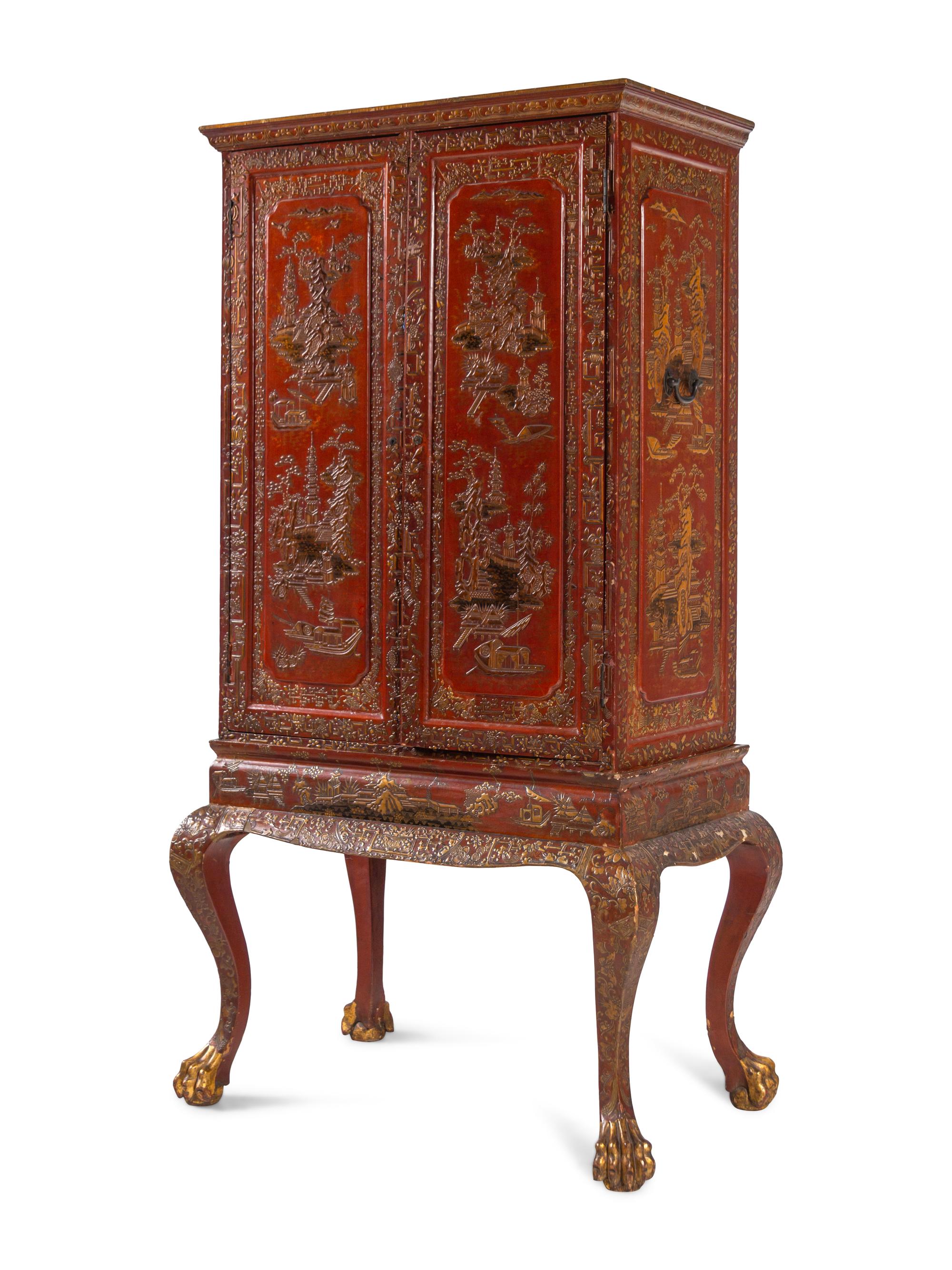 A Large Gilt Decorated Red Lacquered Cabinet on Stand