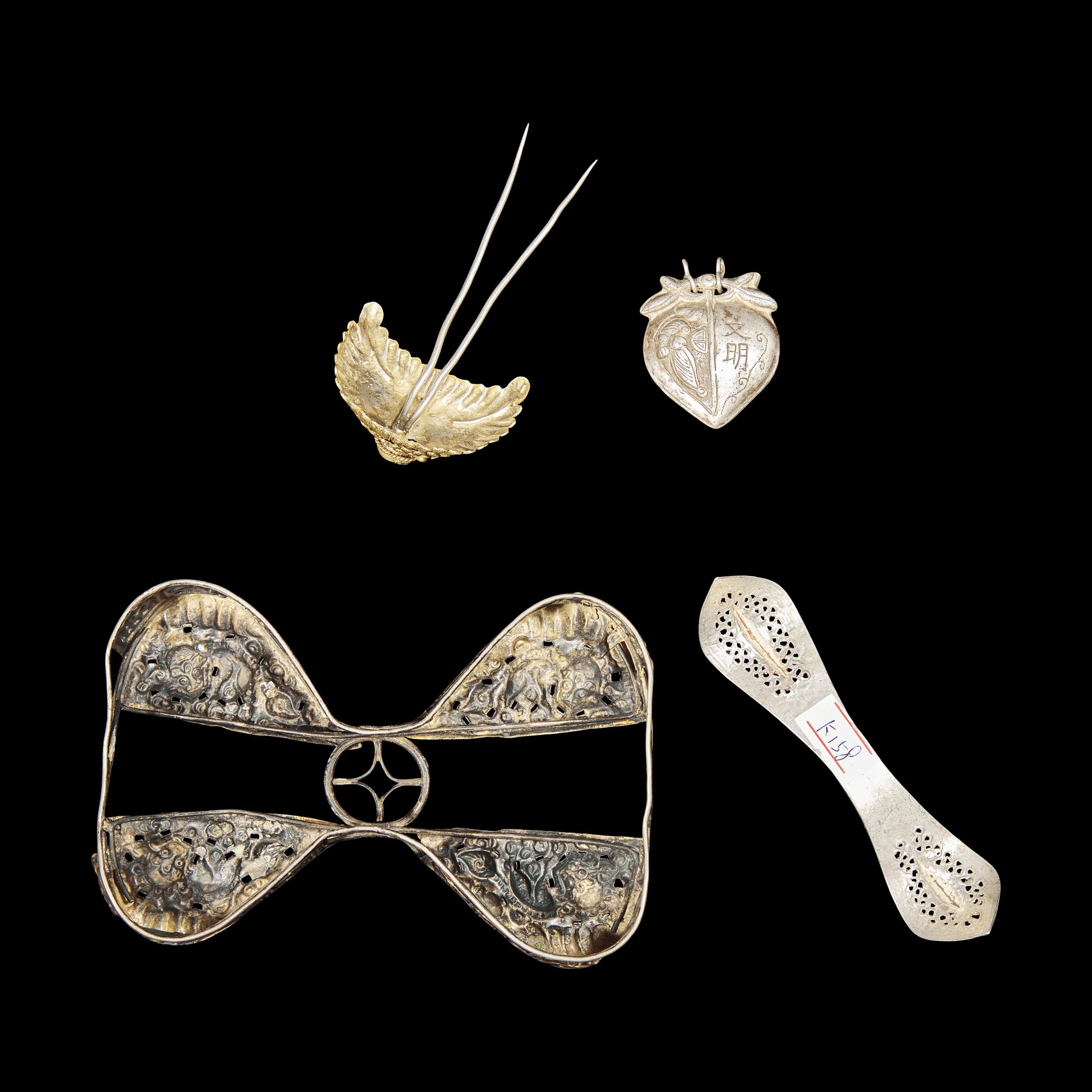 Four Chinese Gilt Silver and Silver Hair Ornaments, Qing Dynasty 清 銀鍍金如意双押发扁簪、嵌寶釵、佛獅紋髮飾及銀桃形帽飾