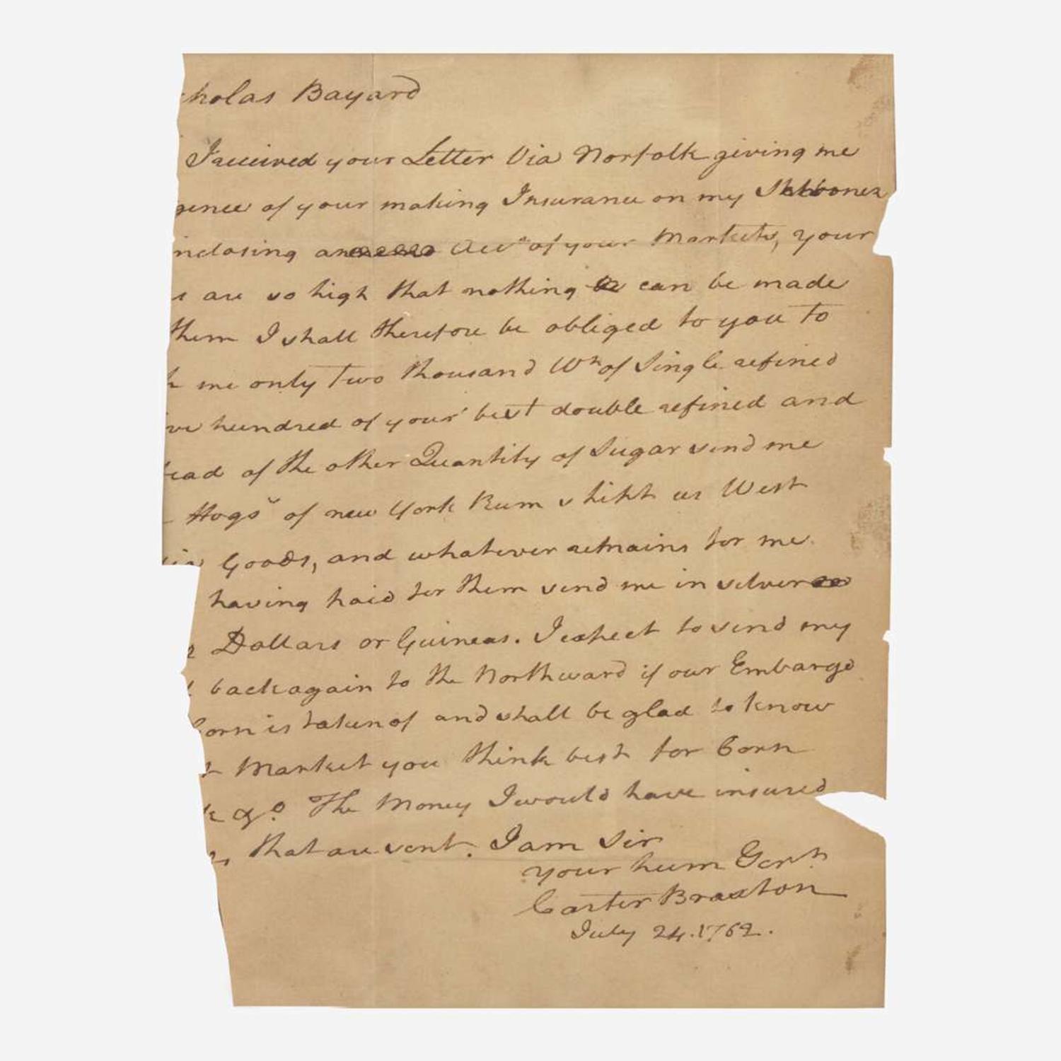 [Declaration of Independence] [Virginia] Braxton, Carter Autograph Letter, signed