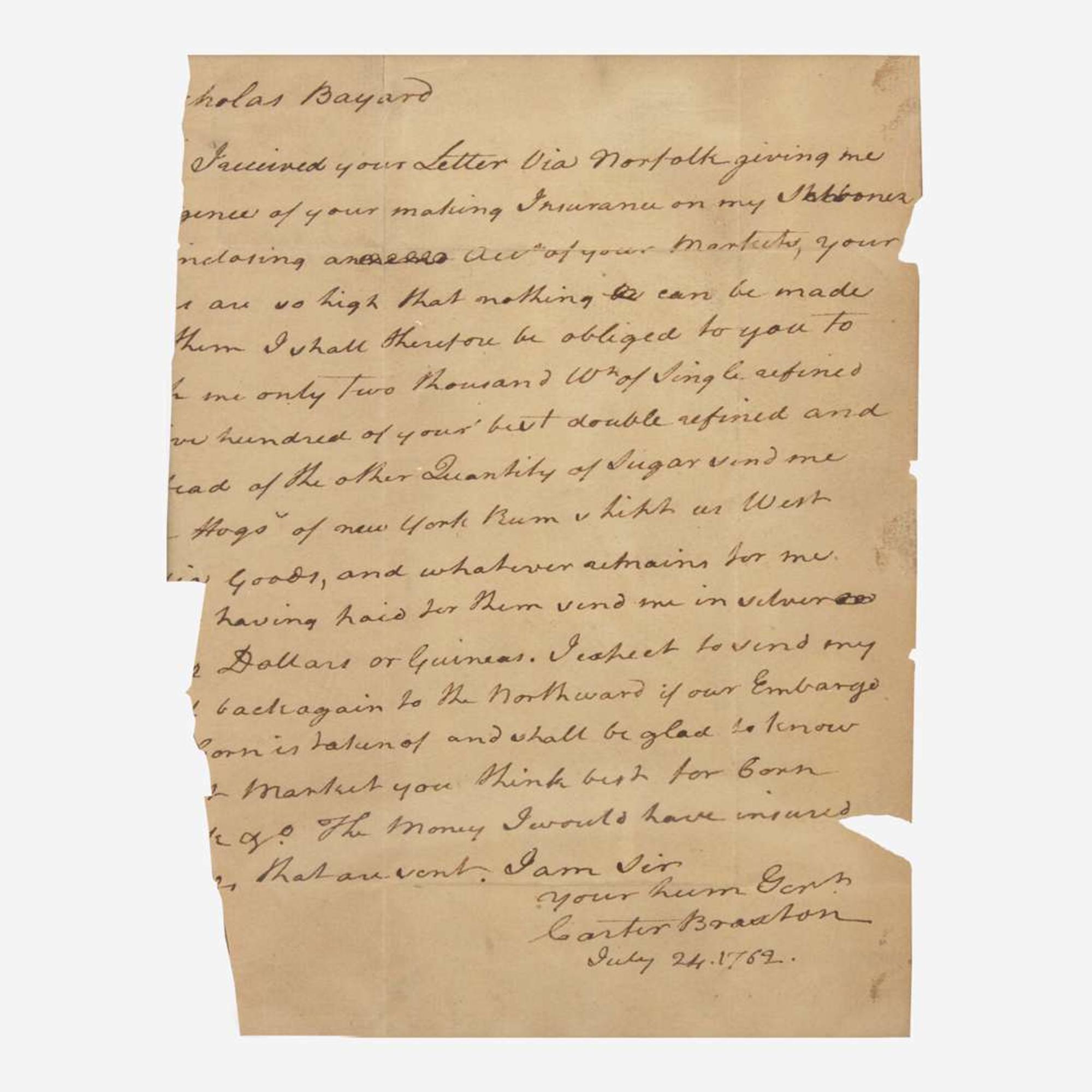 [Declaration of Independence] [Virginia] Braxton, Carter Autograph Letter, signed