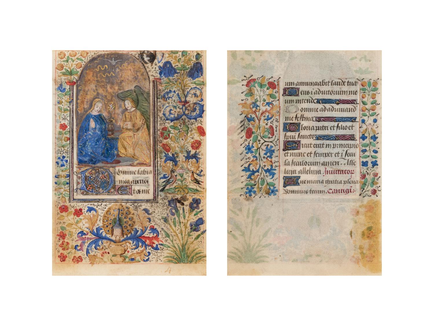 [BOOK OF HOURS]. A group of 25 leaves from medieval and renaissance manuscripts and printed books, including 5 or more from Otto Ege’s Fifty Original Leaves from Medieval Manuscripts. Western Europe: XII-XVI Century [compiled Cleveland, c.1950] and Original Leaves from Famous Bibles: Nine Centuries, 1121-1935 A.D [Compiled Cleveland, c.1950]. Various sizes, including: