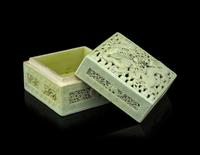 A Carved and Molded Pale Lime Glazed Porcelain 'Dragons' Seal Paste Box and Cover