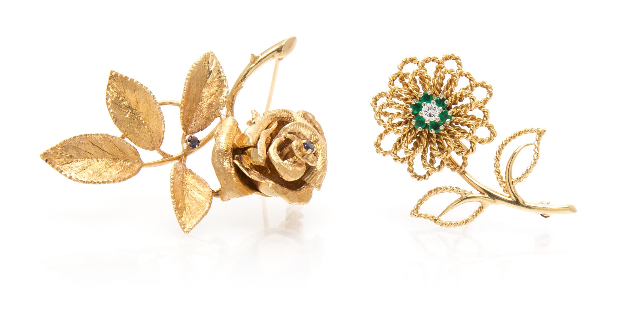 A Collection of 14 Karat Yellow Gold, Diamond, Sapphire and Emerald Flower Brooches, 15.70 dwts.