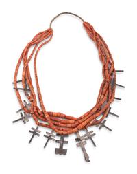 Multi-strand Coral Necklace, with Silver Double Crosses