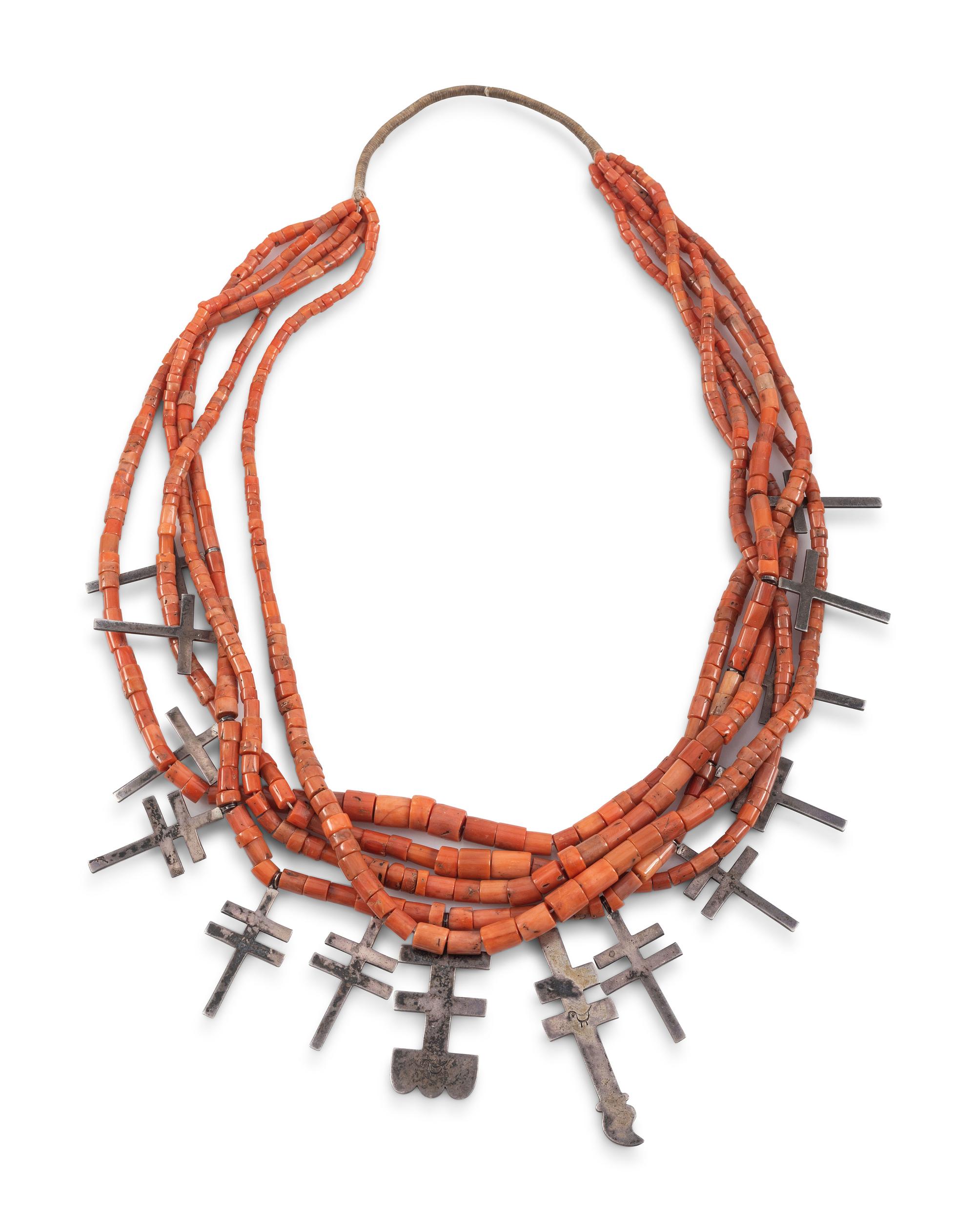 Multi-strand Coral Necklace, with Silver Double Crosses