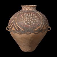 A Large Chinese Painted Pottery Handled Jar, Neolithic Period, Majiayao Culture, Banshan Type 馬家窯文化半山型旋渦鋸齒紋雙耳彩陶罐
