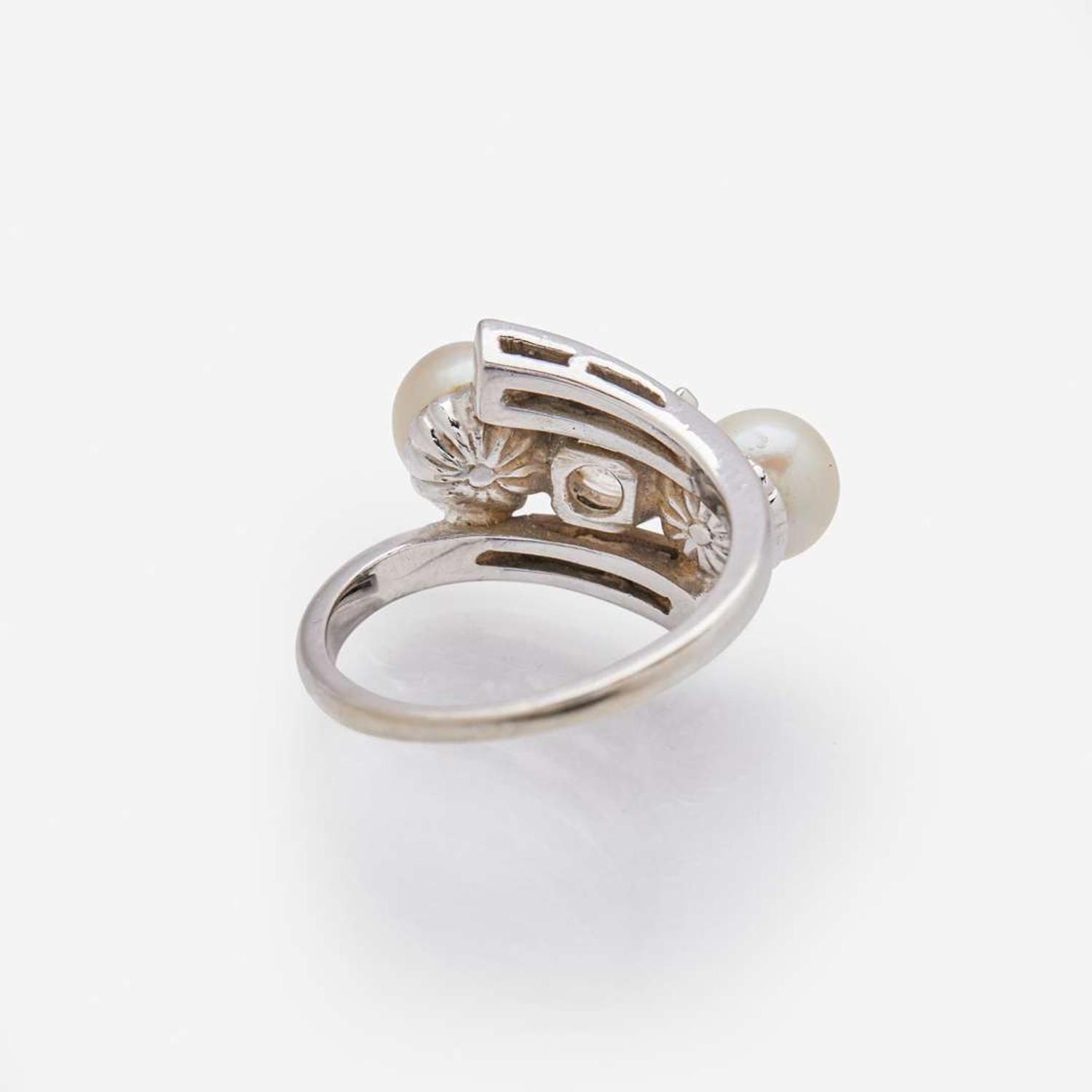 A 14K White Gold, Diamond, and Pearl Ring