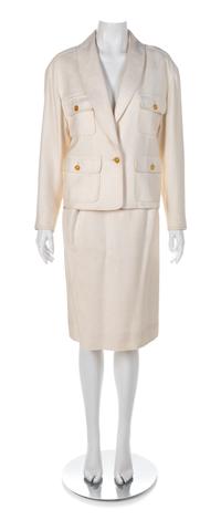 Chanel White Skirt and Jacket with Gold Buttons, 1970-90s Size label: 38