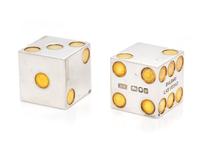 BVLGARI, PAIR OF STERLING SILVER AND GILT DICE AND POKER CHIP