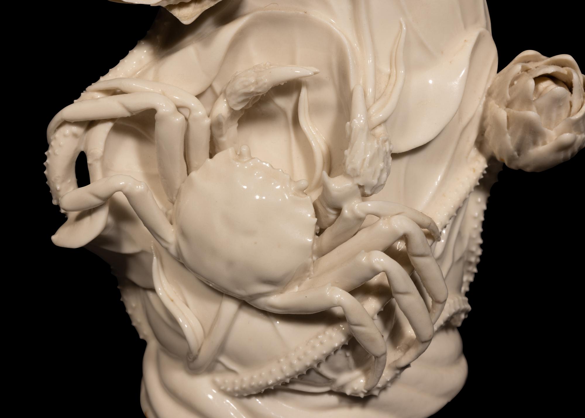 A Chinese Blanc de Chine Porcelain 'Crab and Lotus' Brush Pot