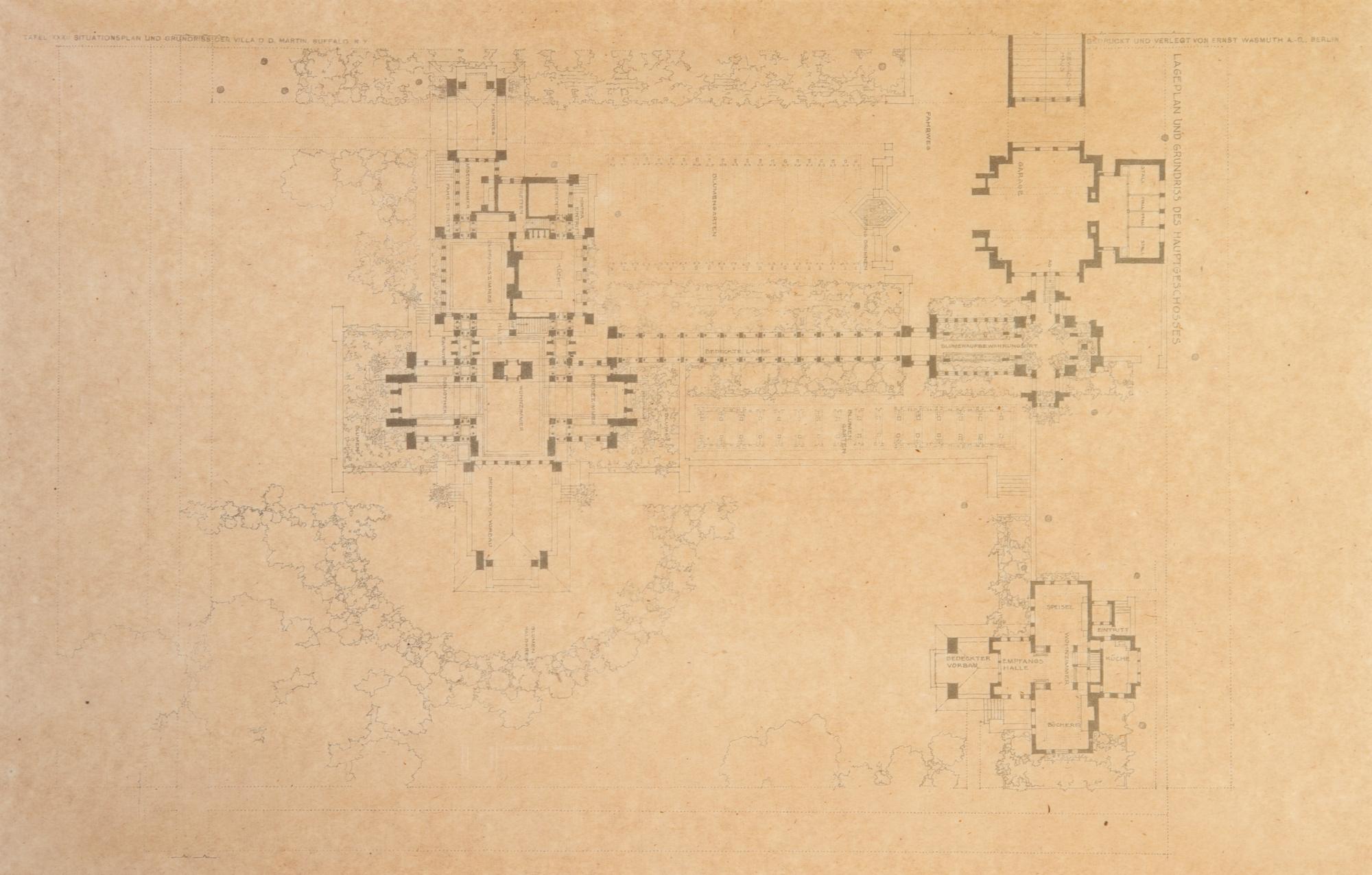 WRIGHT, FRANK LLOYD. Tafel XXXII... Two blueprint lithos from the Wasmuth portfolio. Framed.