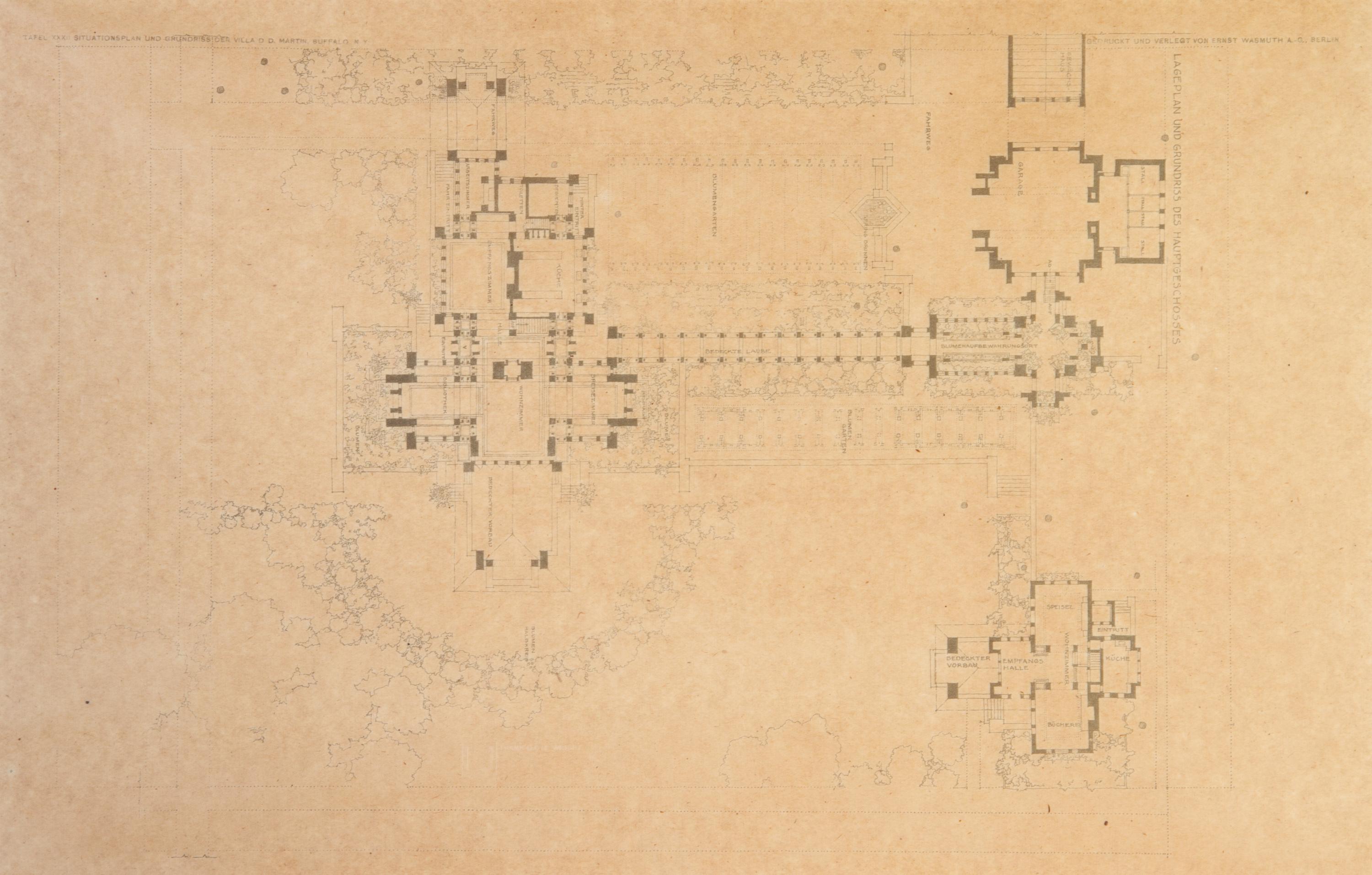WRIGHT, FRANK LLOYD. Tafel XXXII... Two blueprint lithos from the Wasmuth portfolio. Framed.