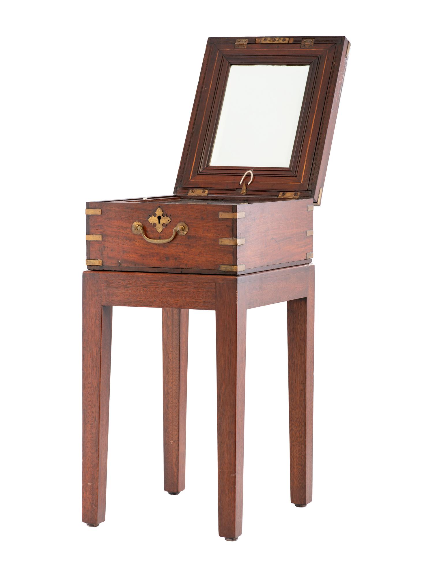 An English Brass-Inlaid Mahogany Game Box on Stand