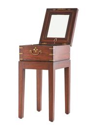 An English Brass-Inlaid Mahogany Game Box on Stand