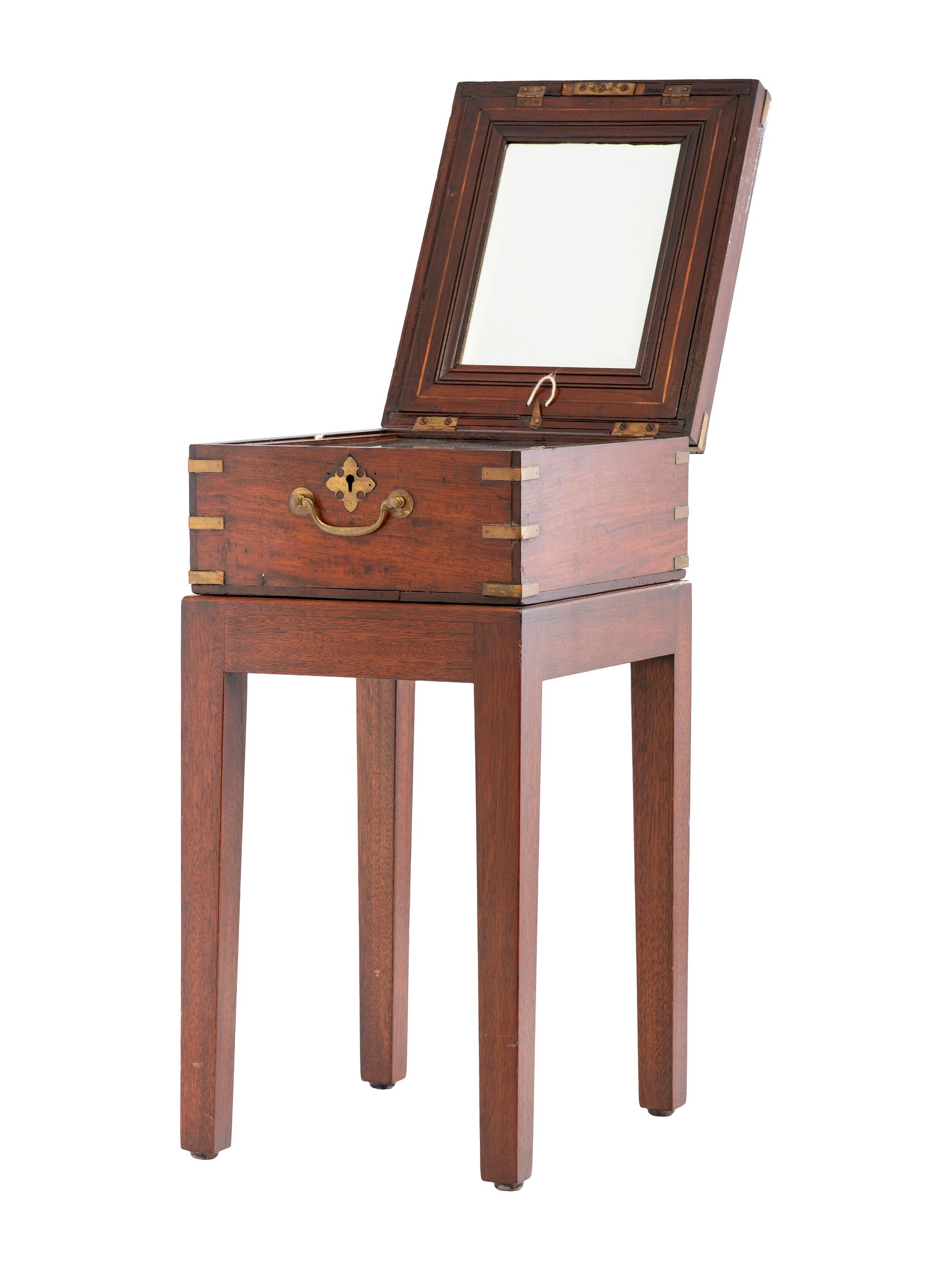 An English Brass-Inlaid Mahogany Game Box on Stand