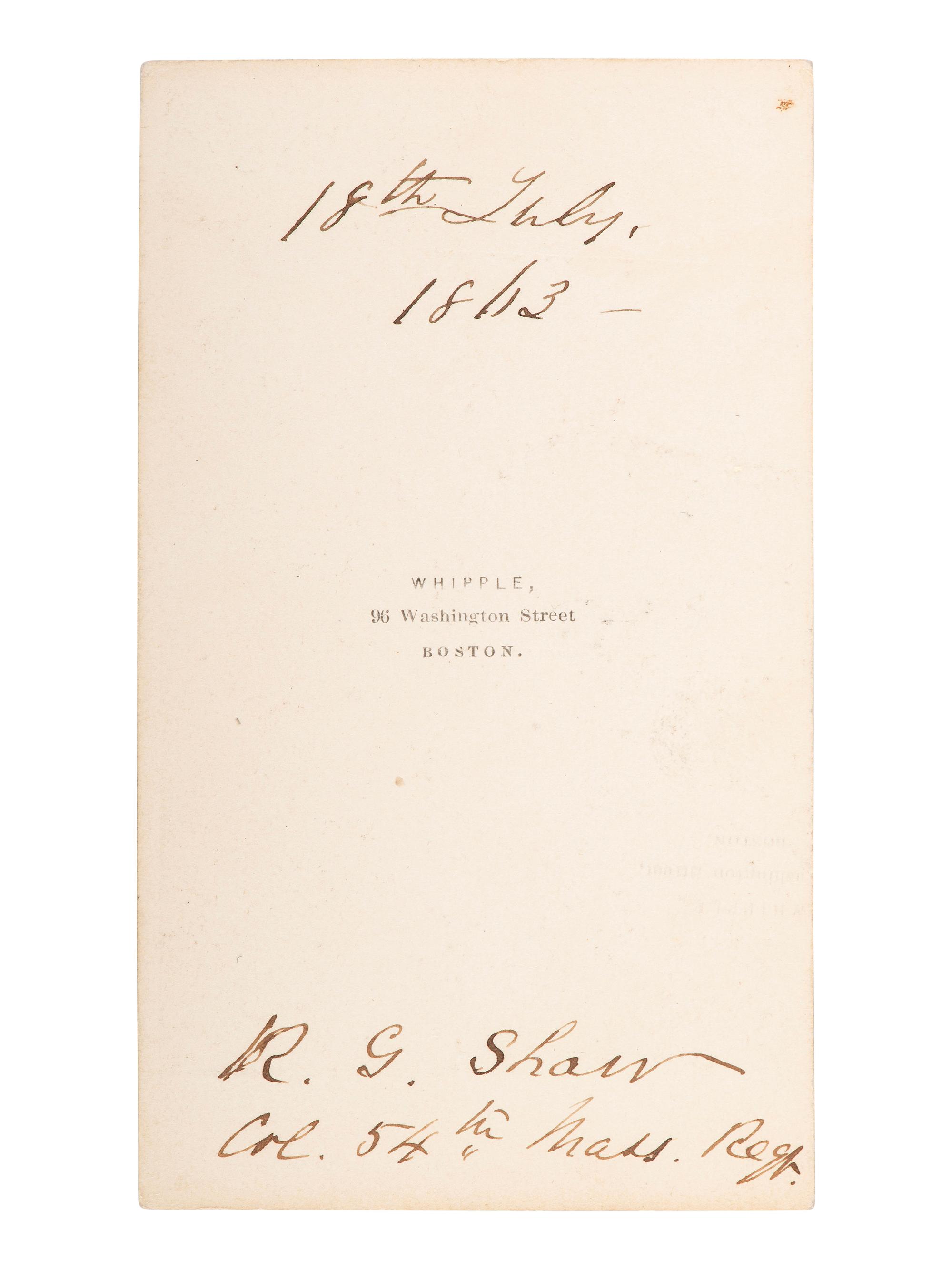 [CIVIL WAR]. CDV of Col. Robert Gould Shaw, 54th Mass. African American Infantry. Boston: Whipple.