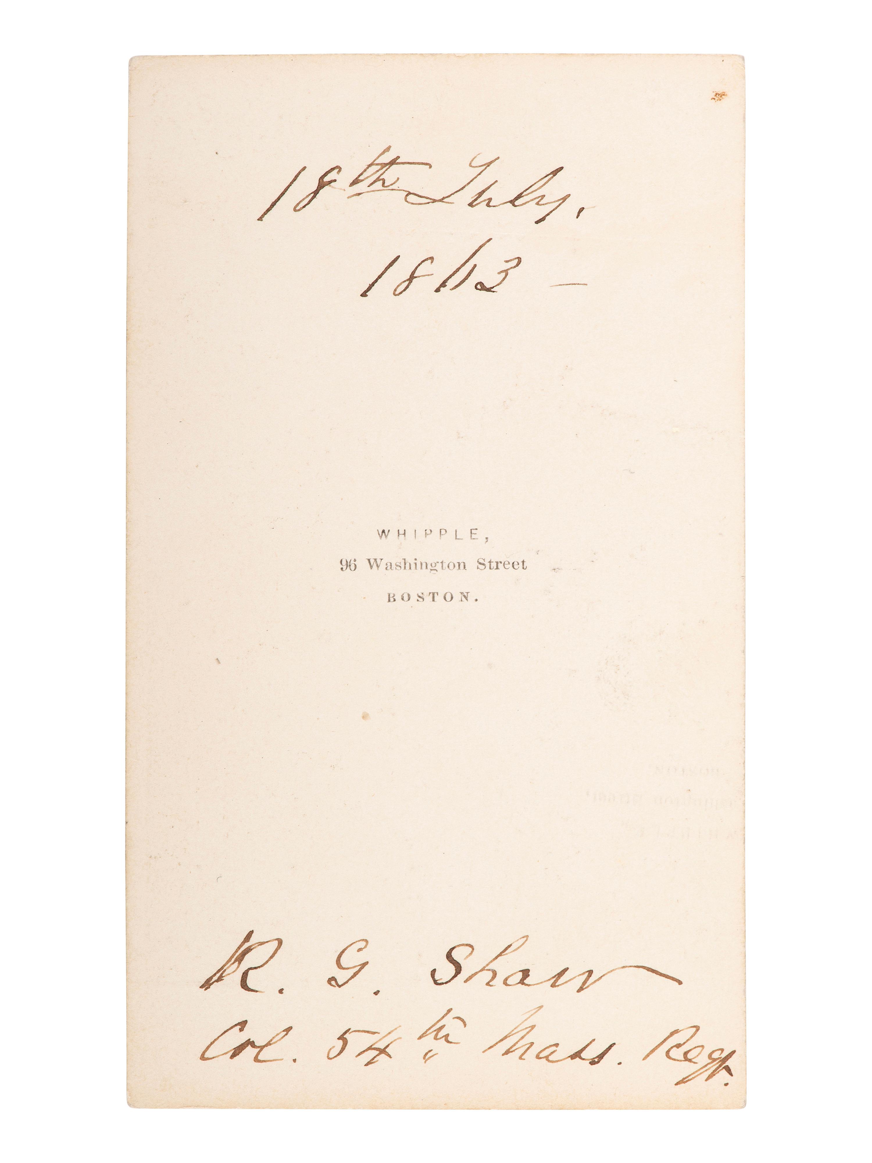 [CIVIL WAR]. CDV of Col. Robert Gould Shaw, 54th Mass. African American Infantry. Boston: Whipple.