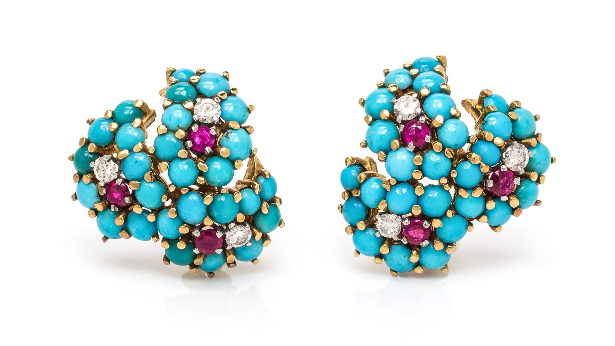 A Pair of Yellow Gold, Turquoise, Diamond and Ruby Earclips, 9.90 dwts.