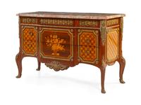 A Transitional Style Gilt Bronze Mounted Marquetry Commode