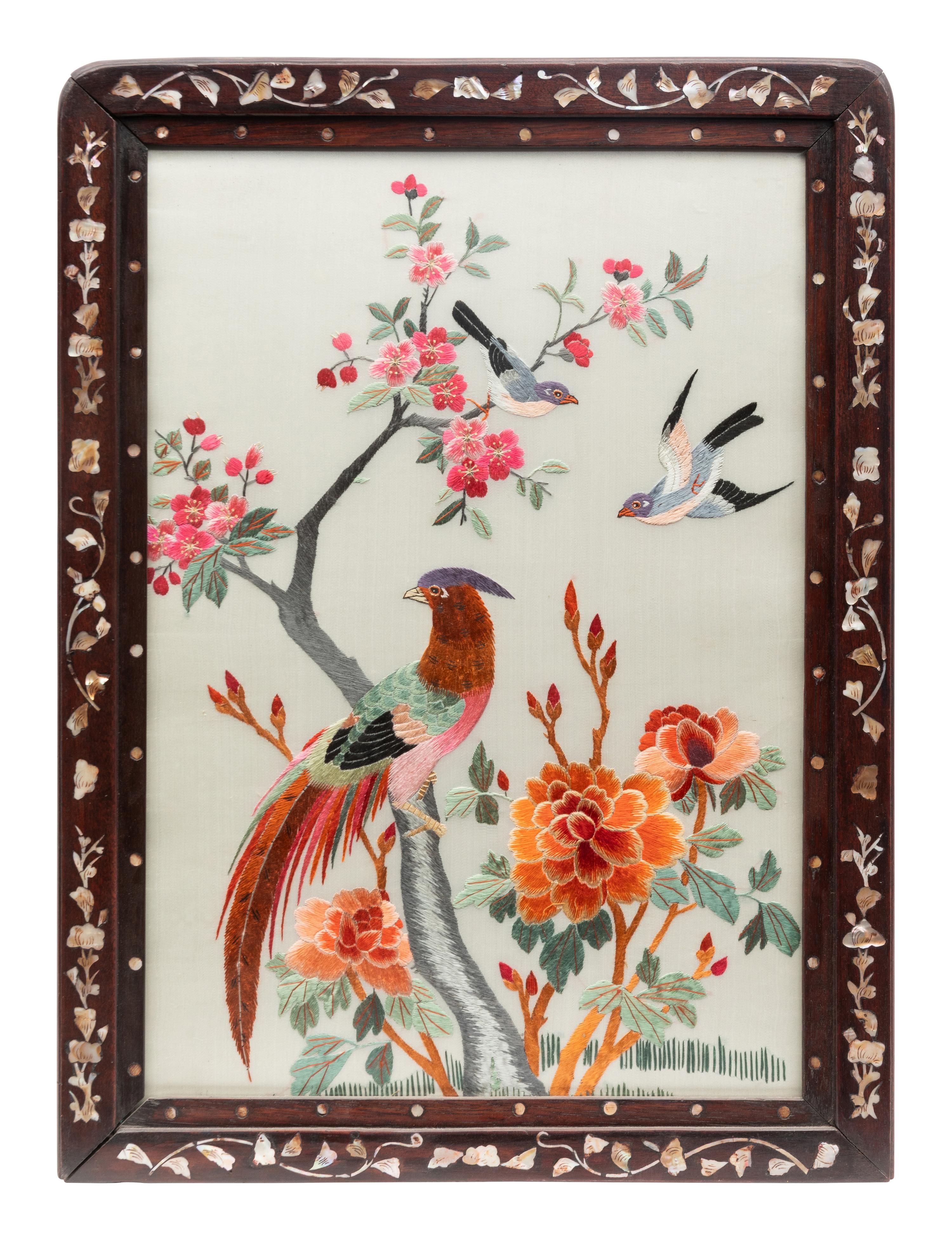 Five Chinese and Japanese Embroidered Silk Panels