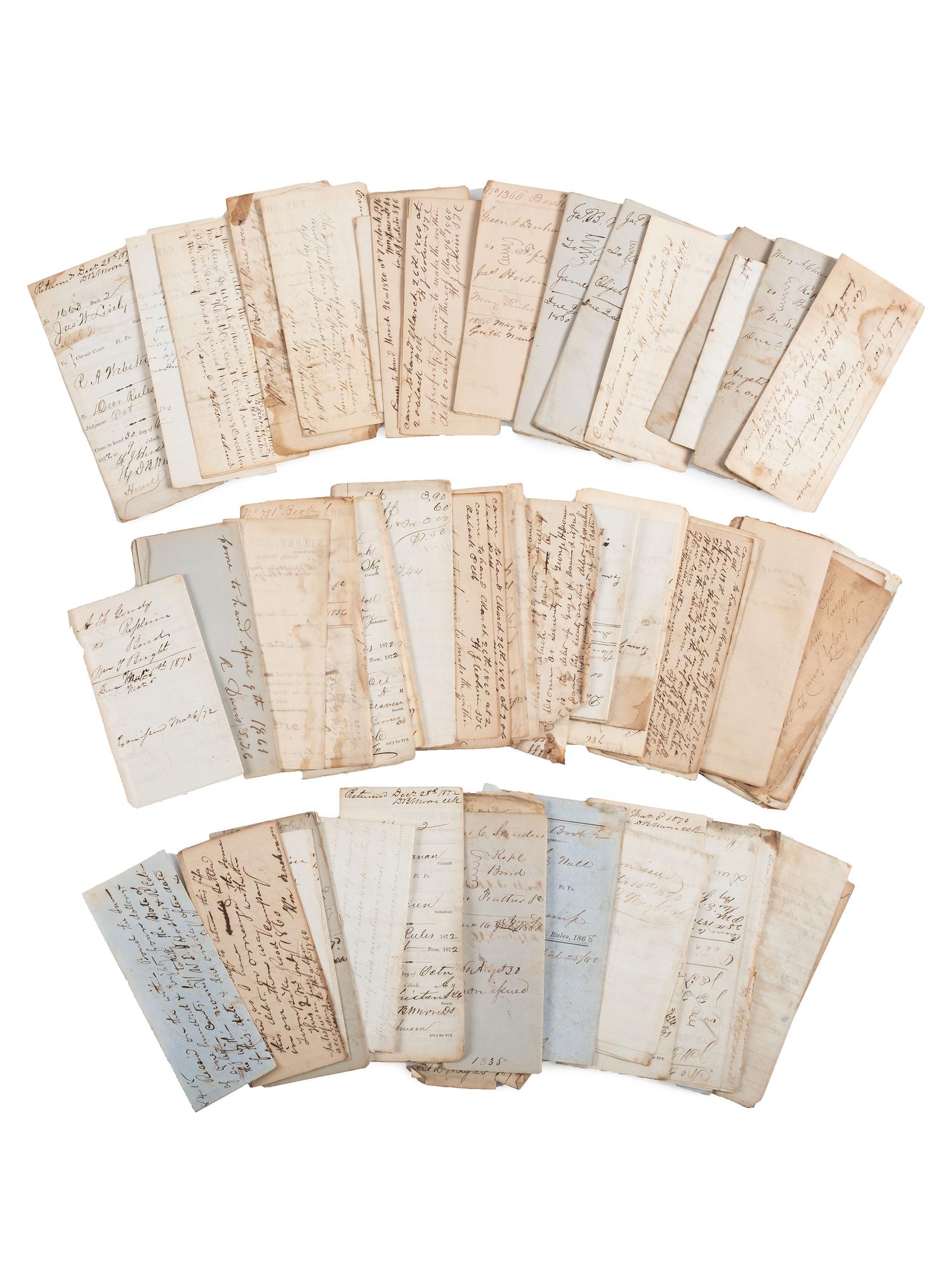 [SLAVERY & ABOLITION]. A group of court documents from Kentucky highlighted by a writ of execution against William I. Thompson for "gambling with [a] negro." Taylor County, Kentucky. 15 March 1856.