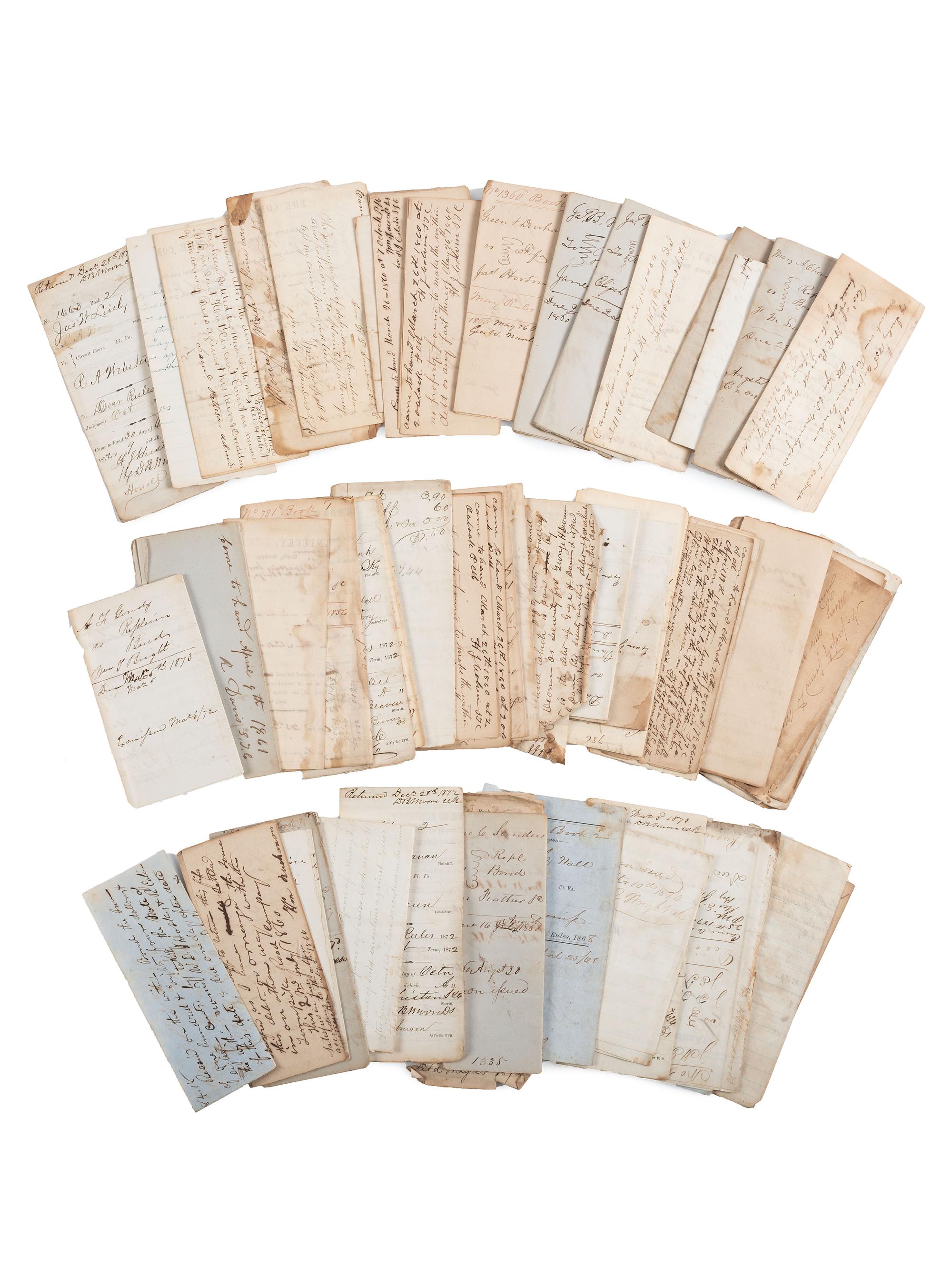 [SLAVERY & ABOLITION]. A group of court documents from Kentucky highlighted by a writ of execution against William I. Thompson for "gambling with [a] negro." Taylor County, Kentucky. 15 March 1856.