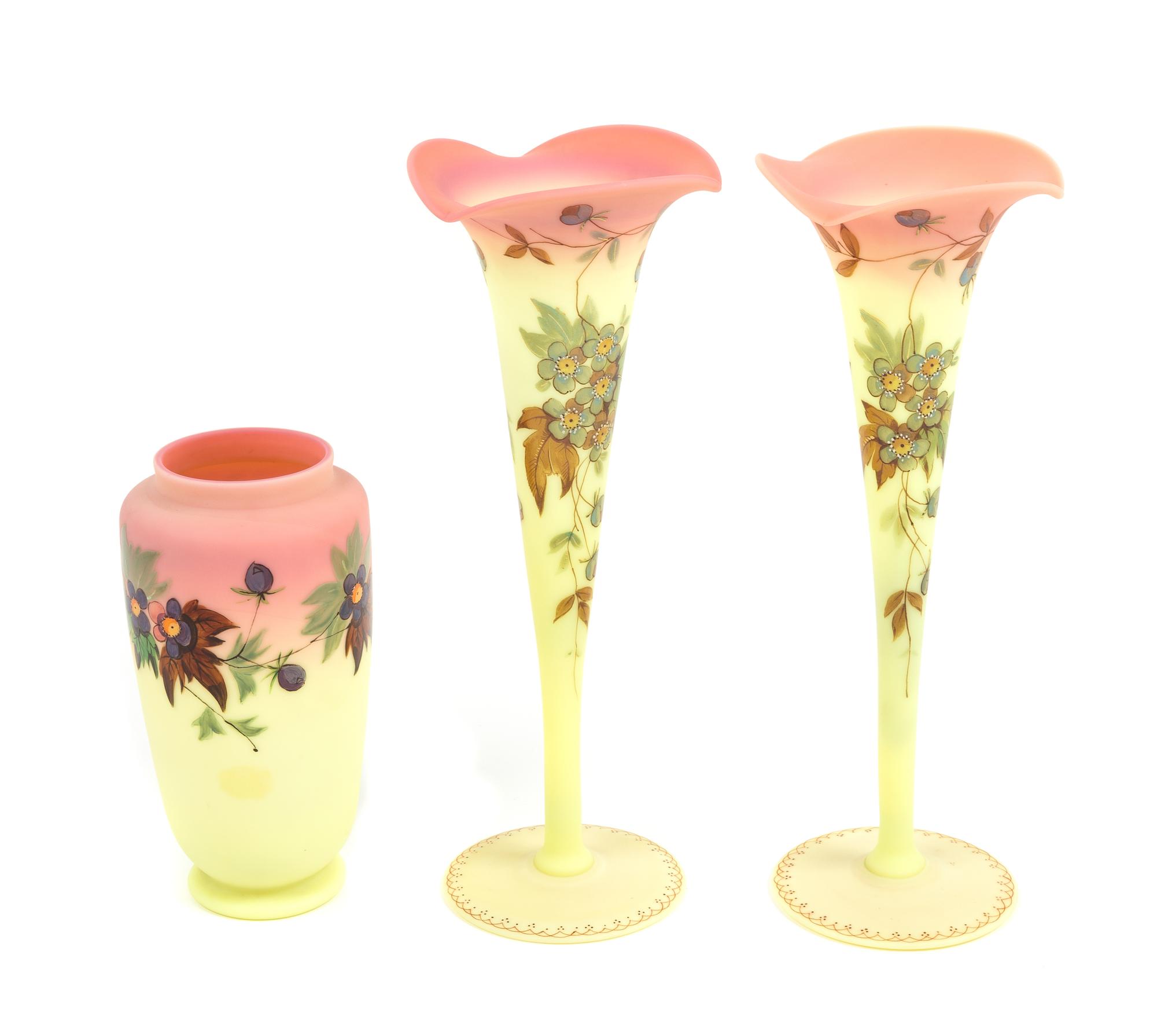Three Burmese Enameled Glass Vases Height of pair 10 inches — LATE 19TH CENTURY