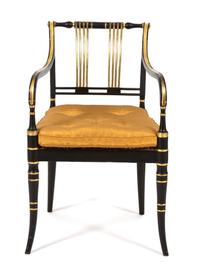 A Regency Ebonized and Gilt Decorated Open Armchair Height 32 x width 20 x depth 18 inches. — 19TH CENTURY