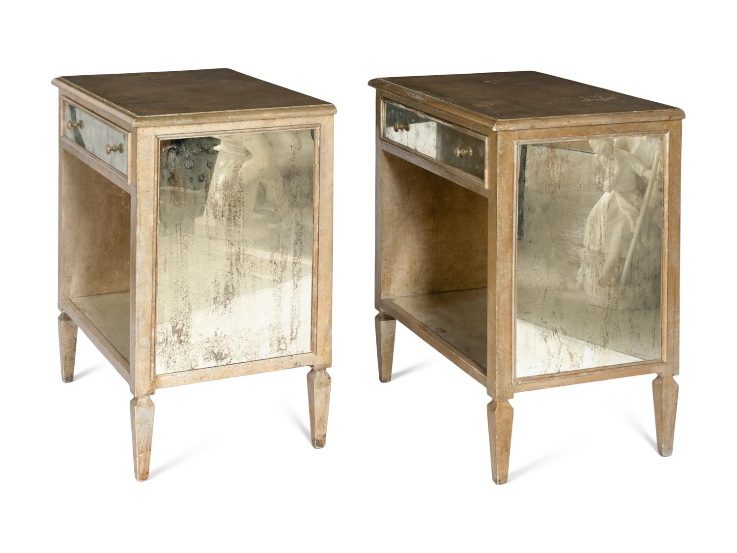 A Pair of Niermann Weeks Mirror-Veneered Silver Leaf Bedside Cabinets