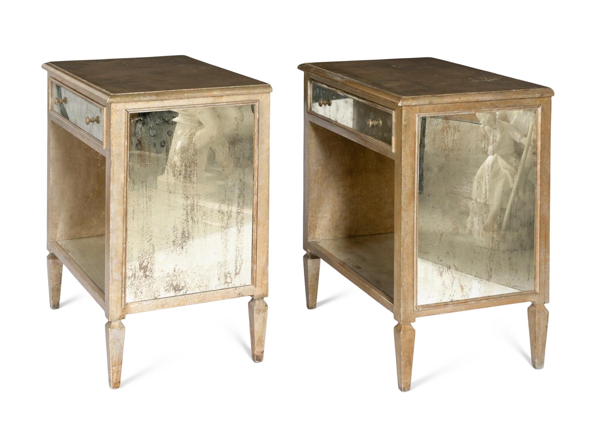 A Pair of Niermann Weeks Mirror-Veneered Silver Leaf Bedside Cabinets