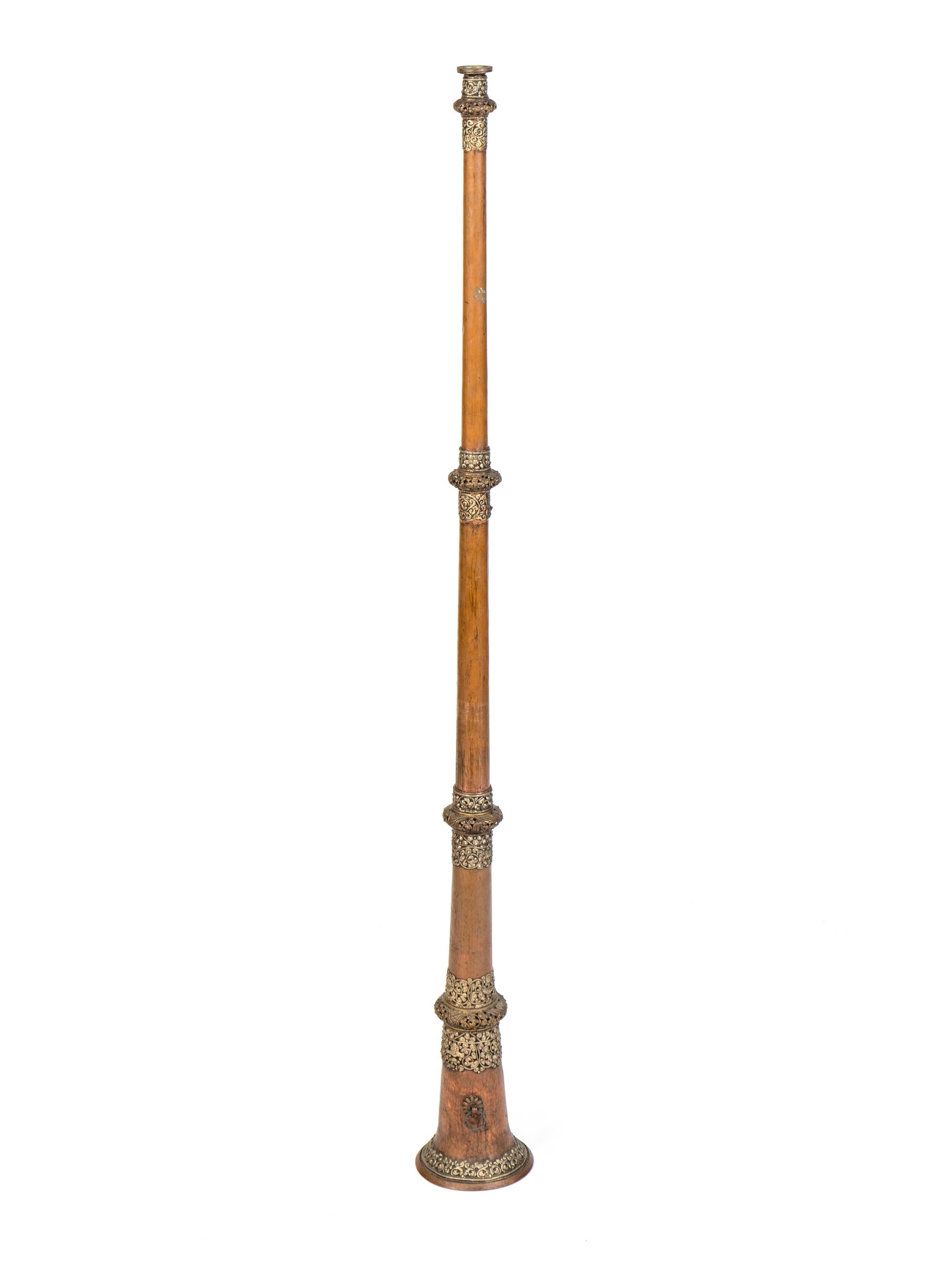 A Tibetan Brass Mounted Copper Dung Chen (Long Horn)