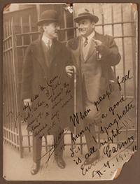 CARUSO, Enrico (1873-1921). Black and white photograph signed and inscribed ("When people feel hungry, a good dish of spaghetti is all right!!! Enrico Caruso"). New York, 1915. Additionally inscribed in an unidentified hand ("Yes, my dear Mr. Caruso, but, when I feel hungry, I haven't the time to wind the darned stuff around my fork! NY 1916").