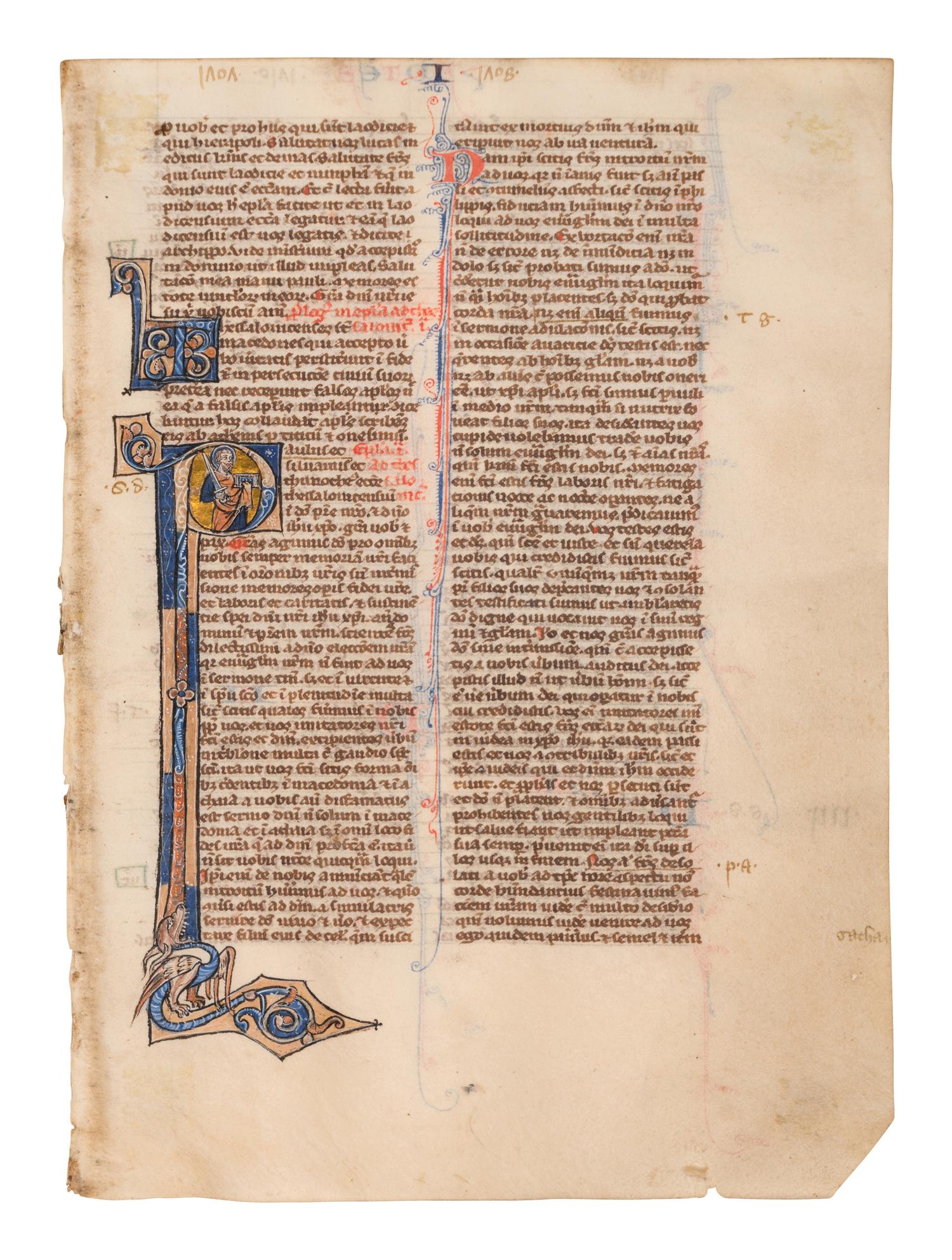 CIRCLE OF WILLIAM DE BRAILES (active Oxford, c. 1230-1260) A leaf from a Bible, with a historiated initial ‘P’ of St. Paul, in Latin, illuminated manuscript on parchment [England, Oxford (?), c. 1250-1275]