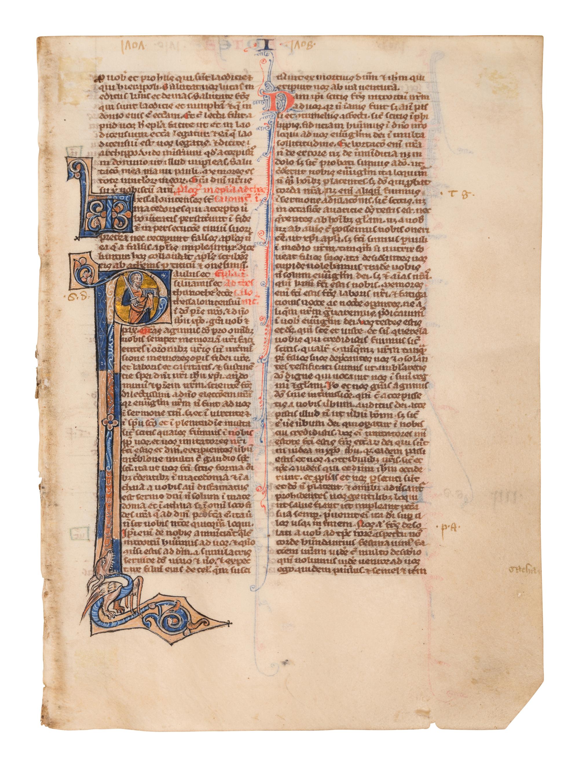CIRCLE OF WILLIAM DE BRAILES (active Oxford, c. 1230-1260) A leaf from a Bible, with a historiated initial ‘P’ of St. Paul, in Latin, illuminated manuscript on parchment [England, Oxford (?), c. 1250-1275]