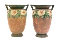 A Pair of Roseville Dahlrose Pottery Vases Height 12 1/4 inches.