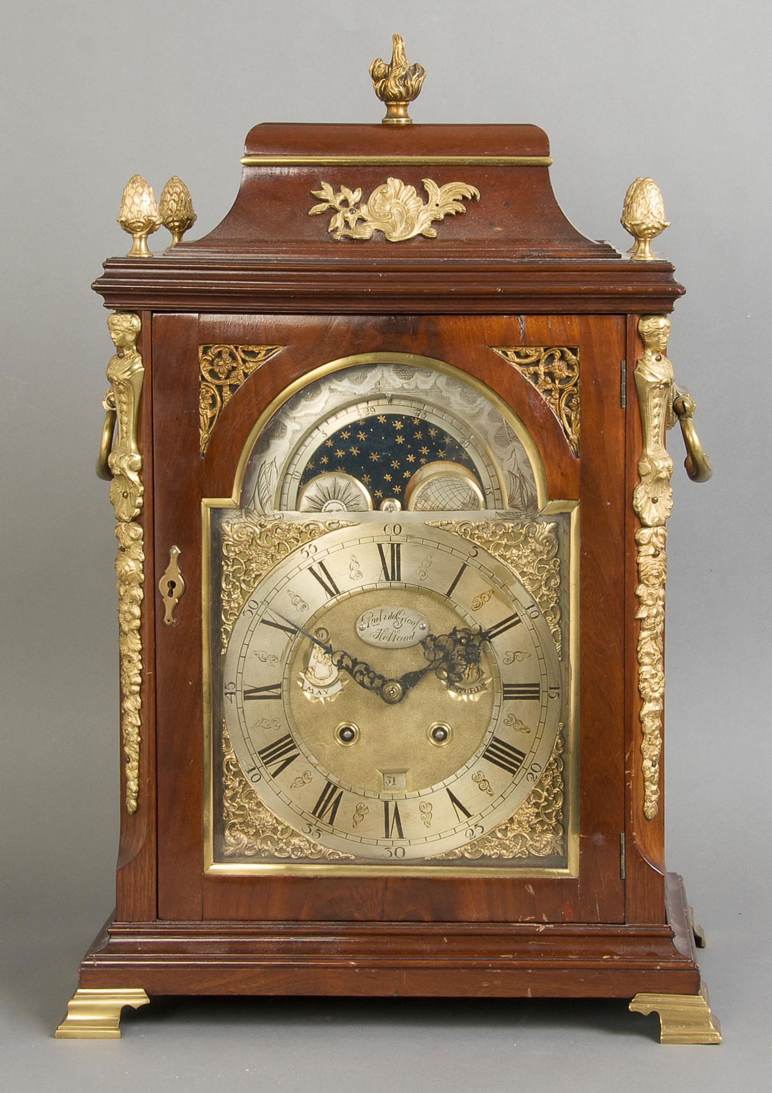 A Mahogany and Gilt Metal Mounted Bracket Clock, Riel and Graff, Height 21 inches.
